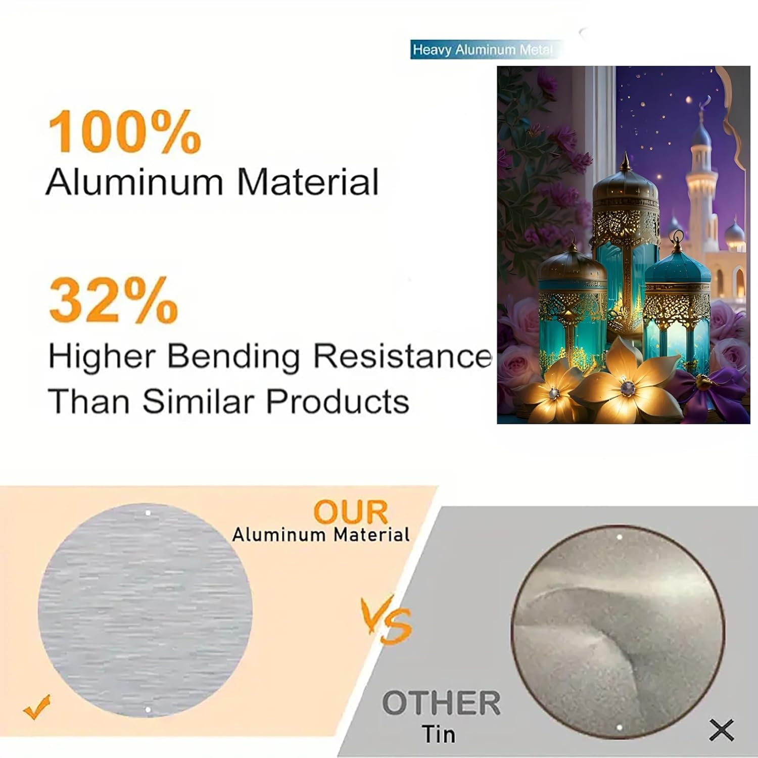 Advertisement highlighting aluminum material properties with product image and comparison.