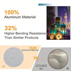 Advertisement highlighting aluminum material properties with product image and comparison.
