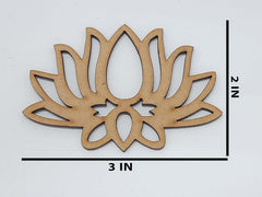 Wooden lotus flower cutout with measurements on a white background
