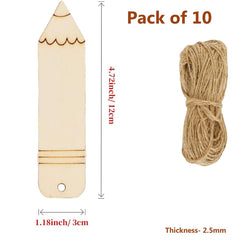 Measurement chart of a wooden tool and a ball of twine with text indicating 'Pack of 10'.