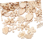 Assorted wooden flower shapes on a white background