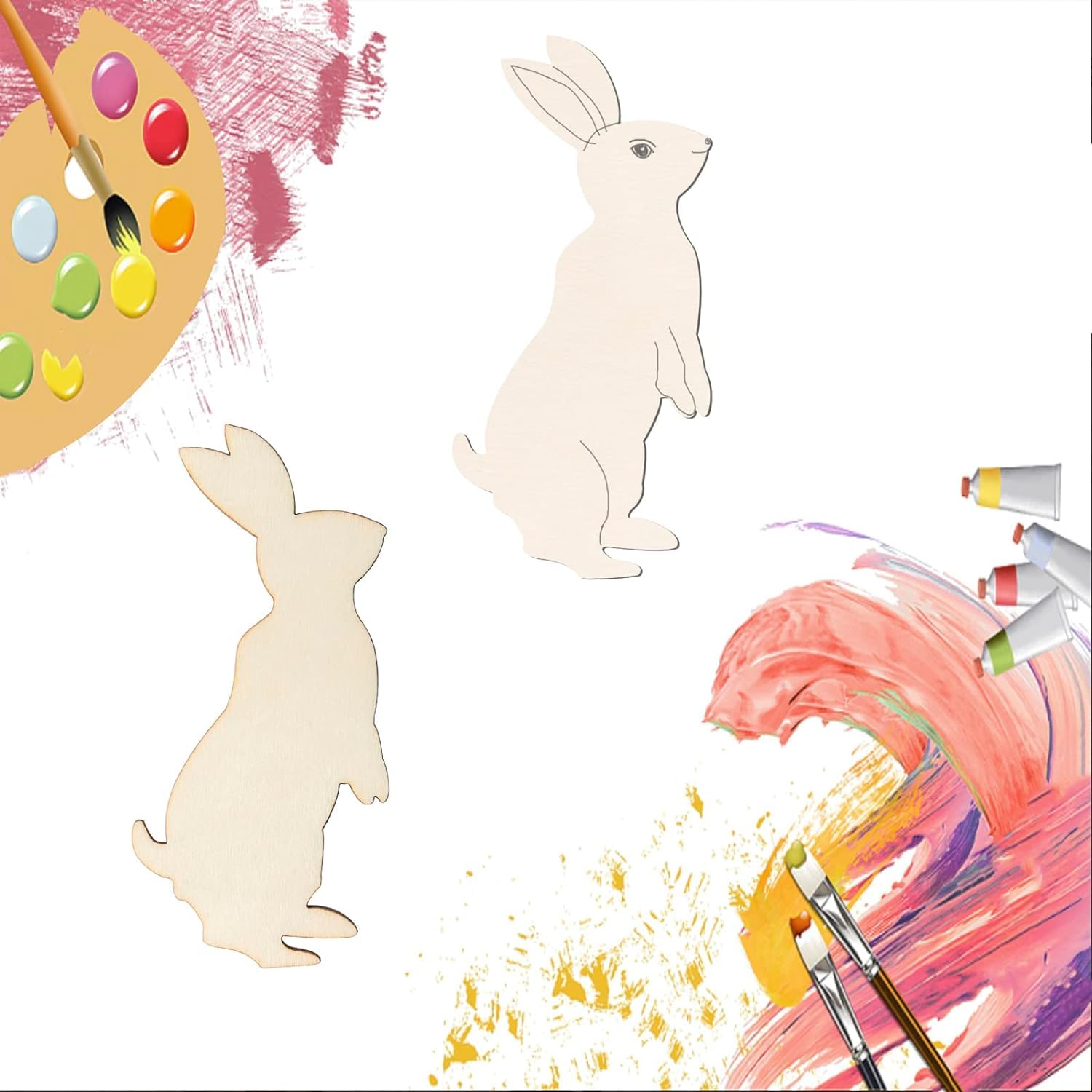 Two wooden rabbit shapes with a paint palette and brushes on a white background