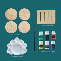 American Elm Wooden Coaster Painting Kit, 4 Pieces, 4 Inch, Madhubani Art Designs, with Brushes