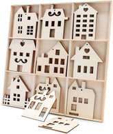Set of wooden house models in a display box