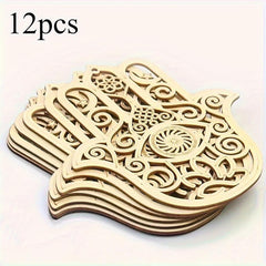 Stack of wooden Hamsa hand decor pieces with intricate designs on a white background.