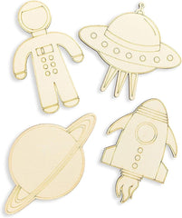 Set of four wooden space-themed decorations including a astronaut suit, UFO, Saturn, and rocket ship on a white background.