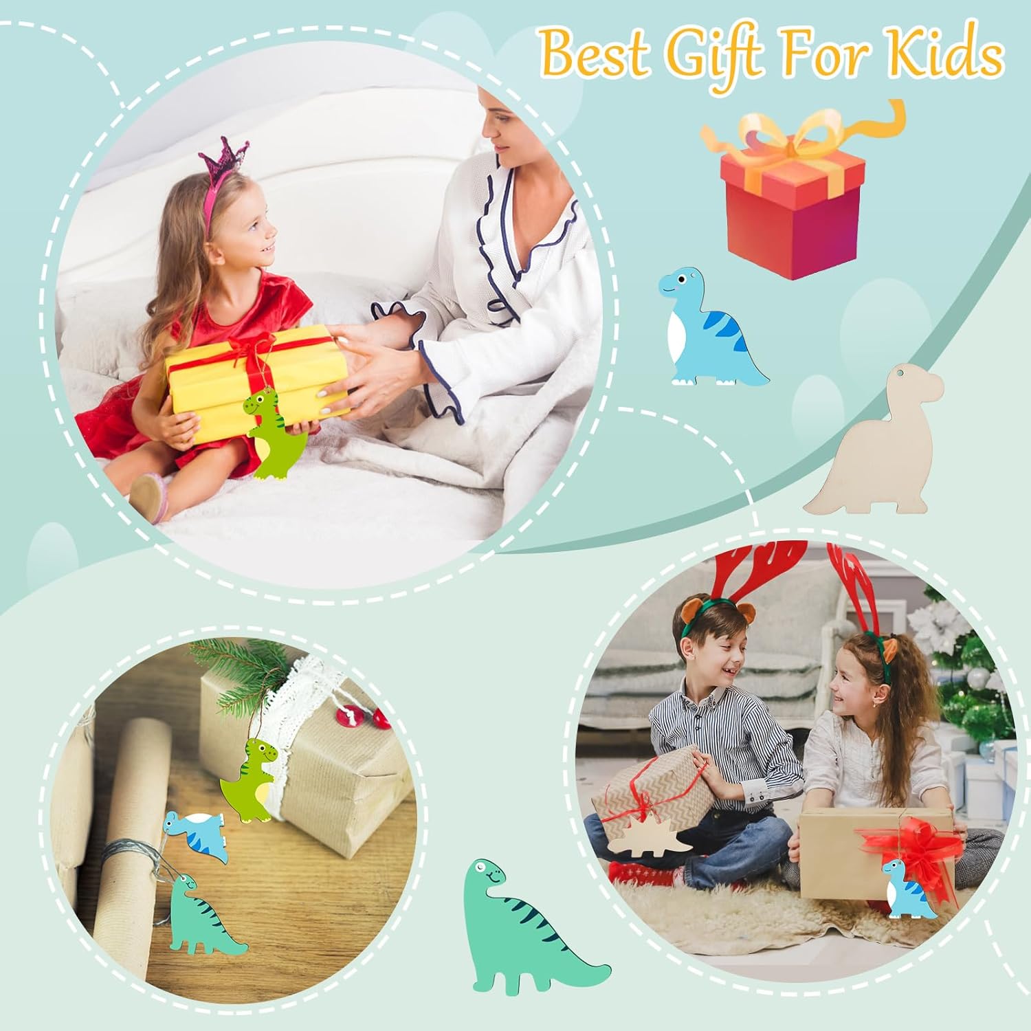 Collage of children with gifts and a doctor, with text 'Best Gift For Kids' and gift illustrations.