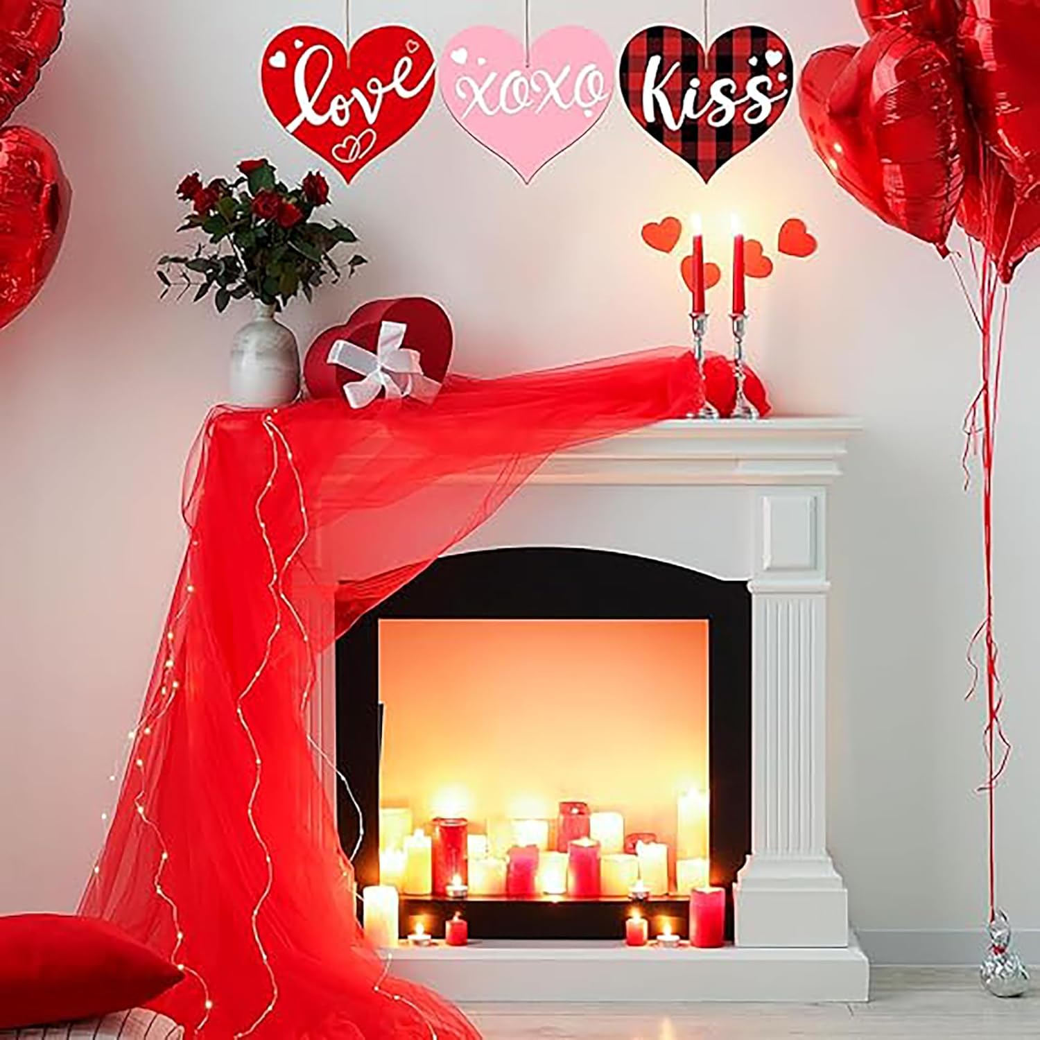 Valentine's Day decorated room with fireplace, balloons, and candles.