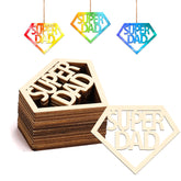 Wooden 'Super Dad' decorations with colorful diamond shapes on a white background