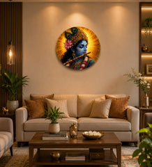 American Elm Lord Krishna Round Wall Hanging Circle Wall Decor 3 mm Thick Sunboard HD Printed Spiritual Wall Art for Home, Pooja Room & Office