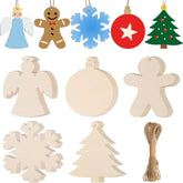 Set of wooden Christmas ornaments including angel, snowflake, gingerbread man, and tree shapes on a white background.