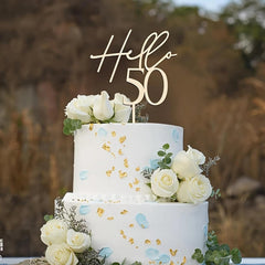 Cliths Wooden Hello 50 Cake Topper for 50th Birthday Anniversary Retirement Party Decorations