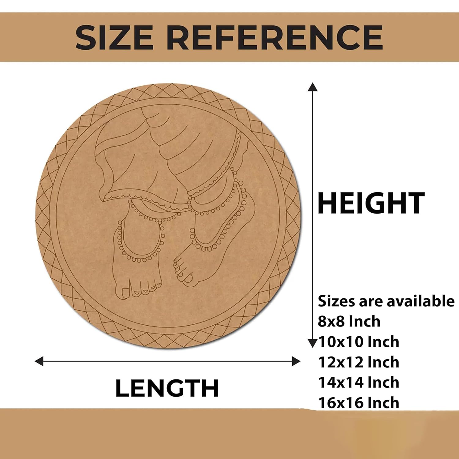 Size reference chart for a decorative item with footprints and measurements.