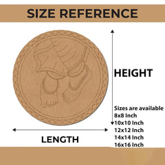 Size reference chart for a decorative item with footprints and measurements.