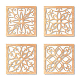 Four wooden decorative tiles with intricate cut-out patterns on a white background