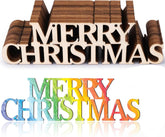 Wooden 'Merry Christmas' letters in white and rainbow colors on a white background