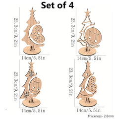 Set of four wooden Christmas tree decorations with measurements on a white background