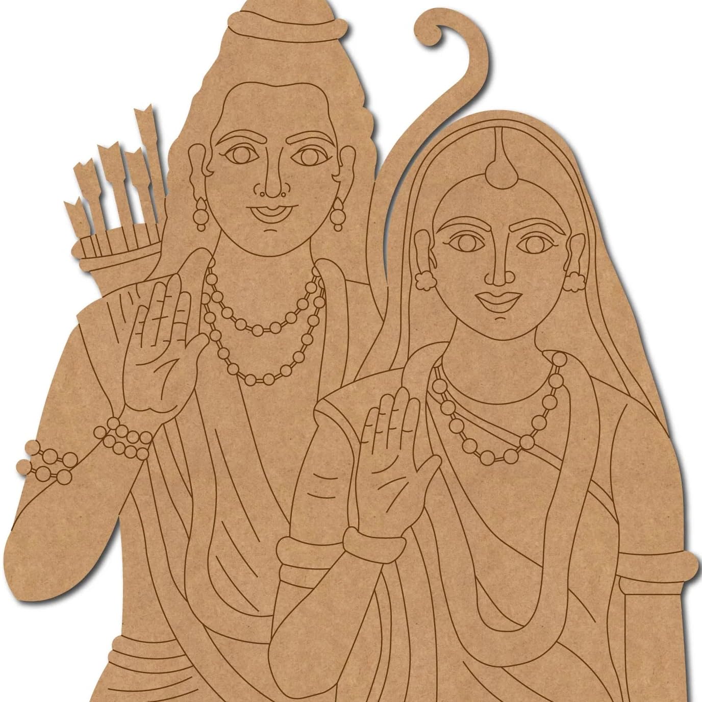 Cardboard cutout of a couple in traditional attire with jewelry, on a white background