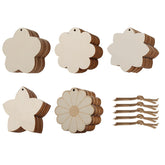 Set of wooden coasters with different shapes and a bundle of twine on a white background