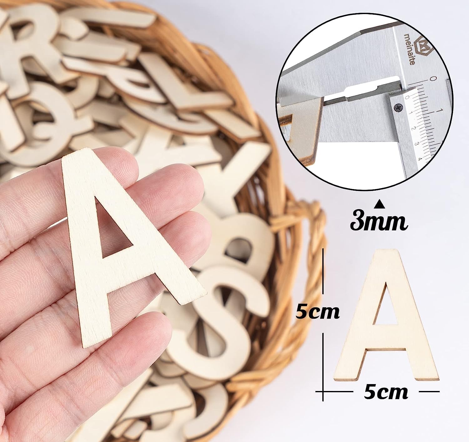 Wooden letter 'A' held by a hand with a basket of letters and a close-up of a ruler showing measurements.