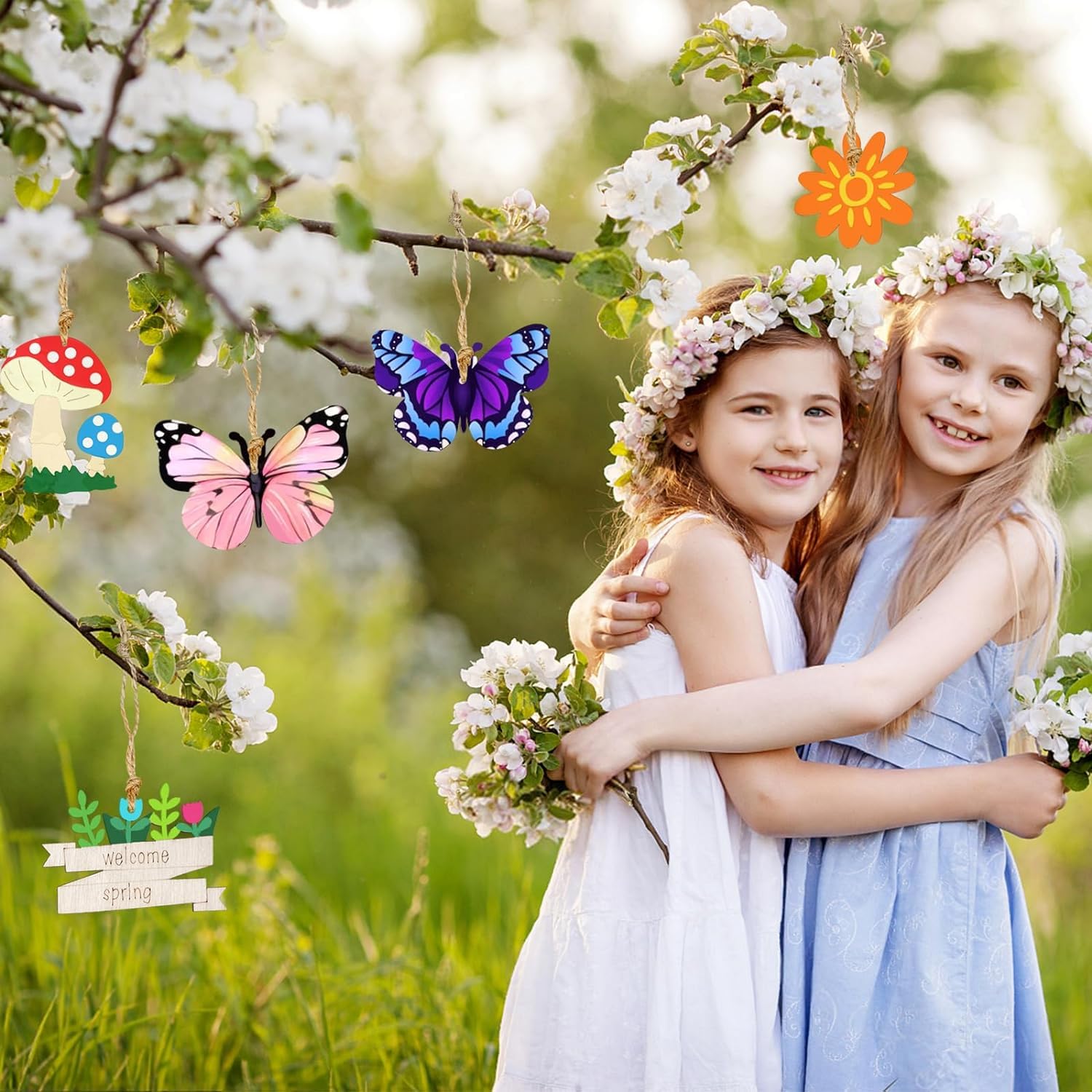 Two young girls in floral dresses standing in a garden with flowers and butterflies.