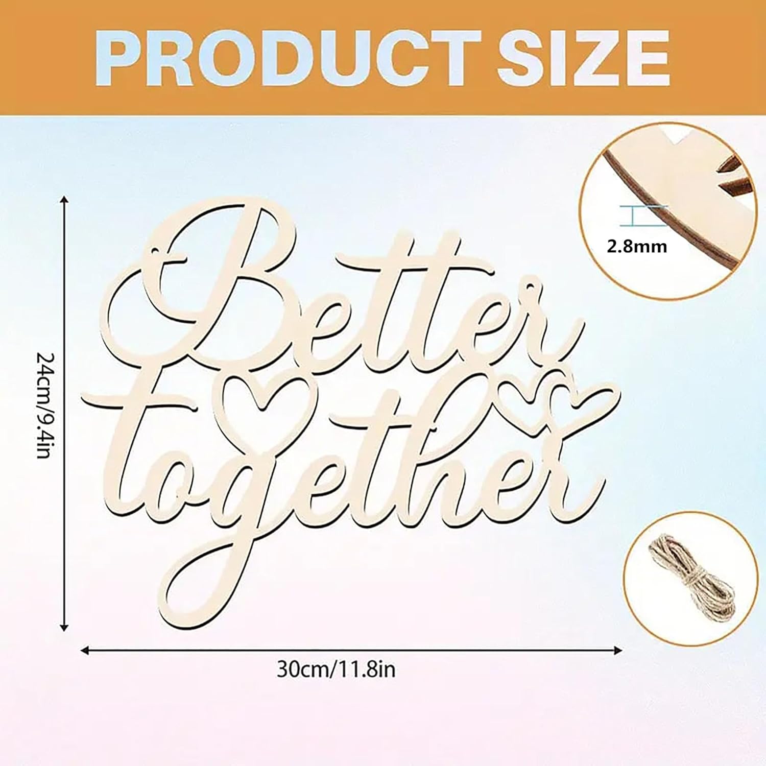 Wooden decorative sign with 'Better Together' text and measurements on a gradient background