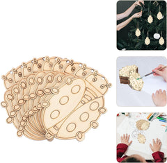 Wooden ladybug shapes with people using them to decorate a tree, draw, and create ornaments.