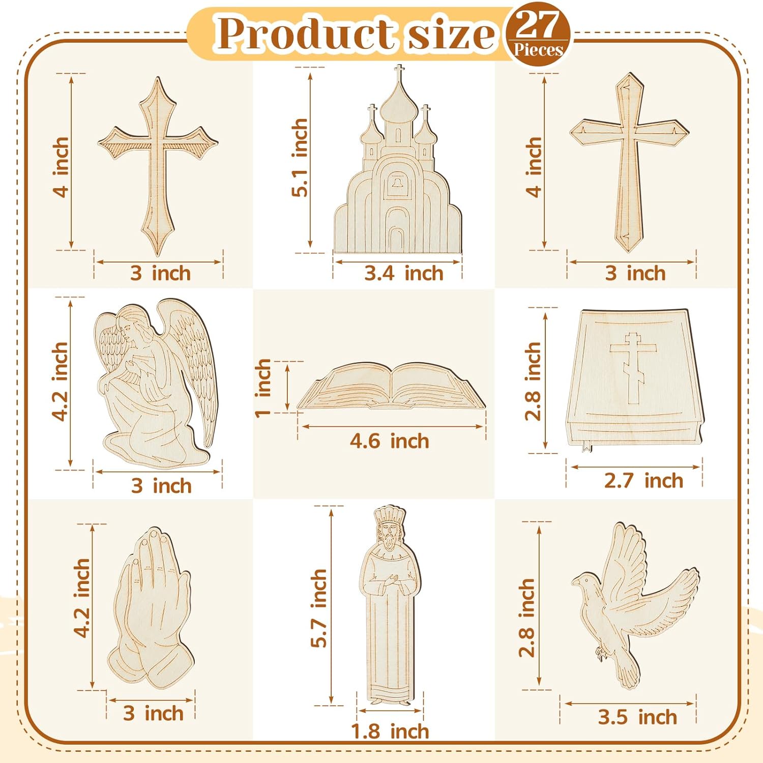 Set of religious-themed wooden cutouts with measurements on a beige background
