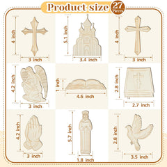 Set of religious-themed wooden cutouts with measurements on a beige background