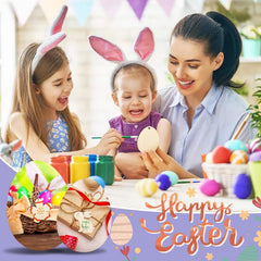 Woman and two children wearing bunny ears, painting Easter eggs with 'Happy Easter' text and decorations.