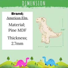 Dinosaur-themed product with dimensions and material details on a green background