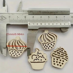 Wooden cupcake-shaped cutters with a caliper measuring their size on a white background