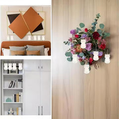 Collage of a bedroom setup with decor elements including a bed, wall art, and shelves.