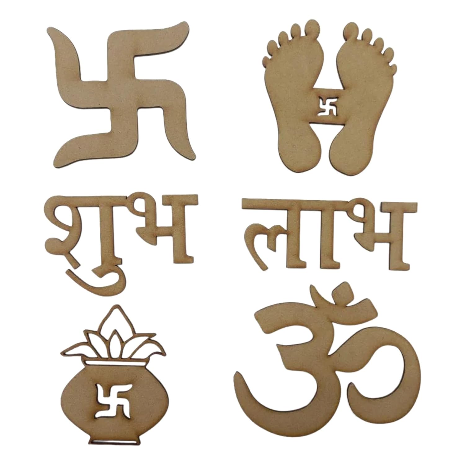 Set of wooden symbols including a swastika, feet, and Sanskrit letters on a white background.