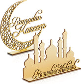 Decorative stand with 'Ramadan Kareem' and mosque silhouette on a white background