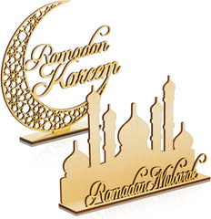 Decorative stand with 'Ramadan Kareem' and mosque silhouette on a white background