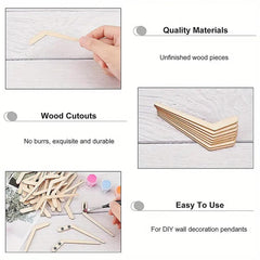 Unfinished wood pieces with a hand holding one, cutouts, and DIY wall decoration pendants on a light wooden background.