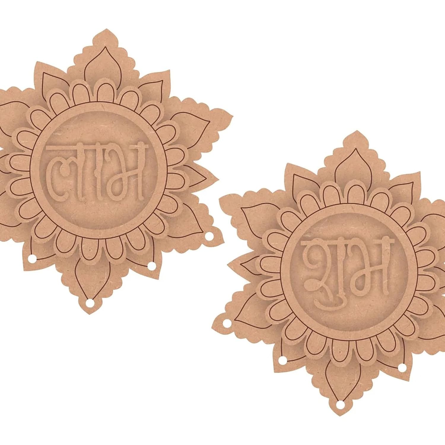 Two decorative wooden pieces with intricate designs and engraved text on a white background