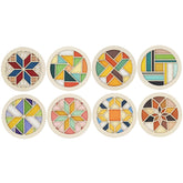 Set of geometric coasters with colorful patterns on a white background