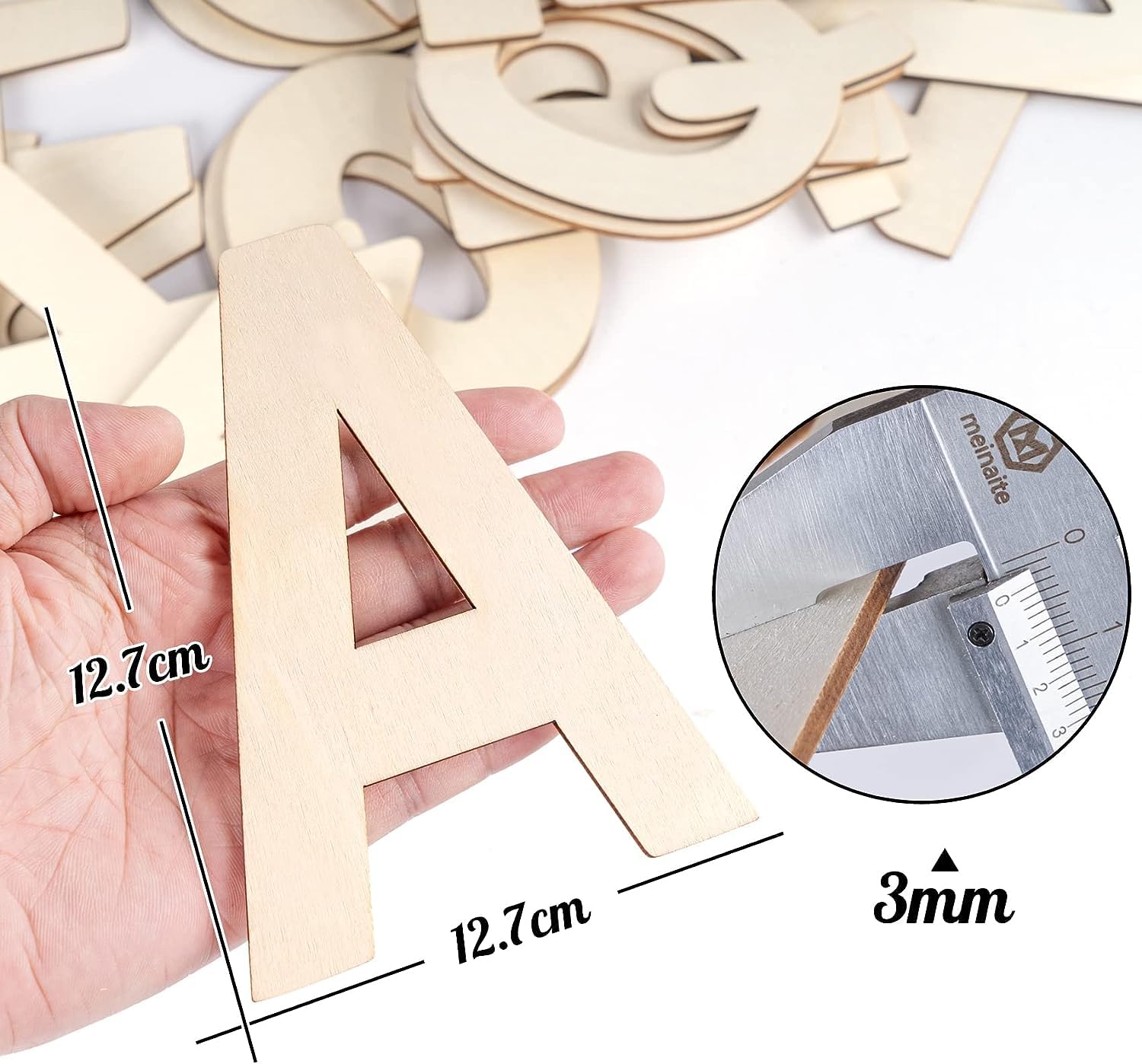 Wooden letter 'A' held in a hand with measurements and a close-up of the material thickness.