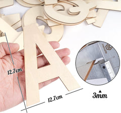 Wooden letter 'A' held in a hand with measurements and a close-up of the material thickness.
