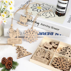 Wooden Christmas ornaments in a box with decorative items on a table.