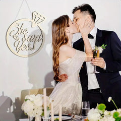 handcrafted wooden "she said yes" party prop for couples
