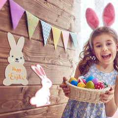 Child wearing bunny ears holding a basket of Easter eggs with decorative bunnies and flags in the background.
