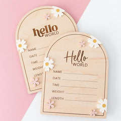 Two wooden baby milestone boards with 'hello world' text and floral decorations on a pink and white background.