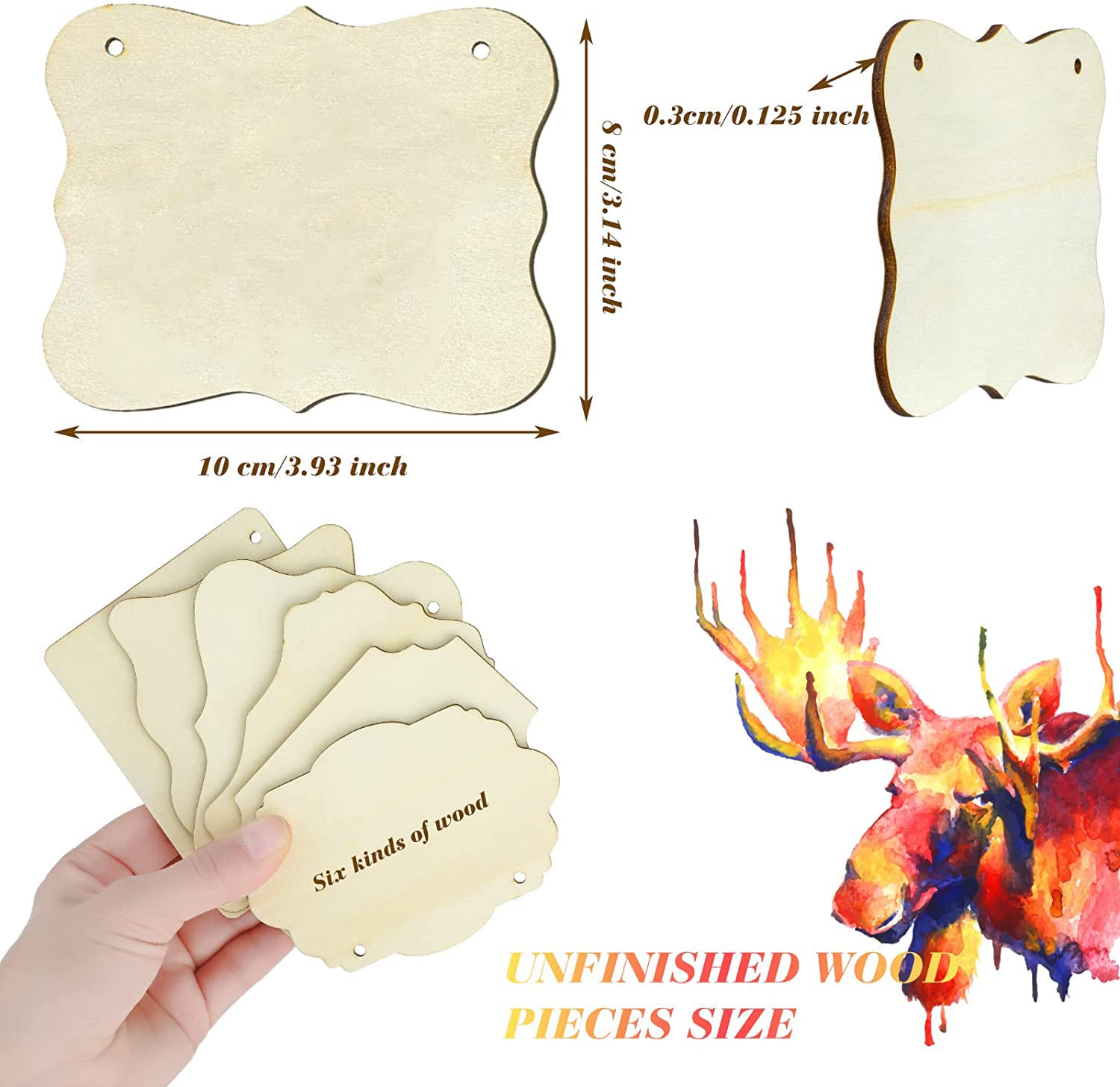 Unfinished wood pieces with dimensions and a hand holding them, alongside a colorful deer illustration.