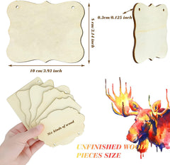 Unfinished wood pieces with dimensions and a hand holding them, alongside a colorful deer illustration.