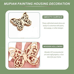Wooden butterfly decorations with text on a green background