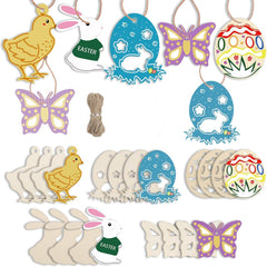 Collection of Easter-themed wooden decorations including chicks, eggs, butterflies, and bunnies on a white background.
