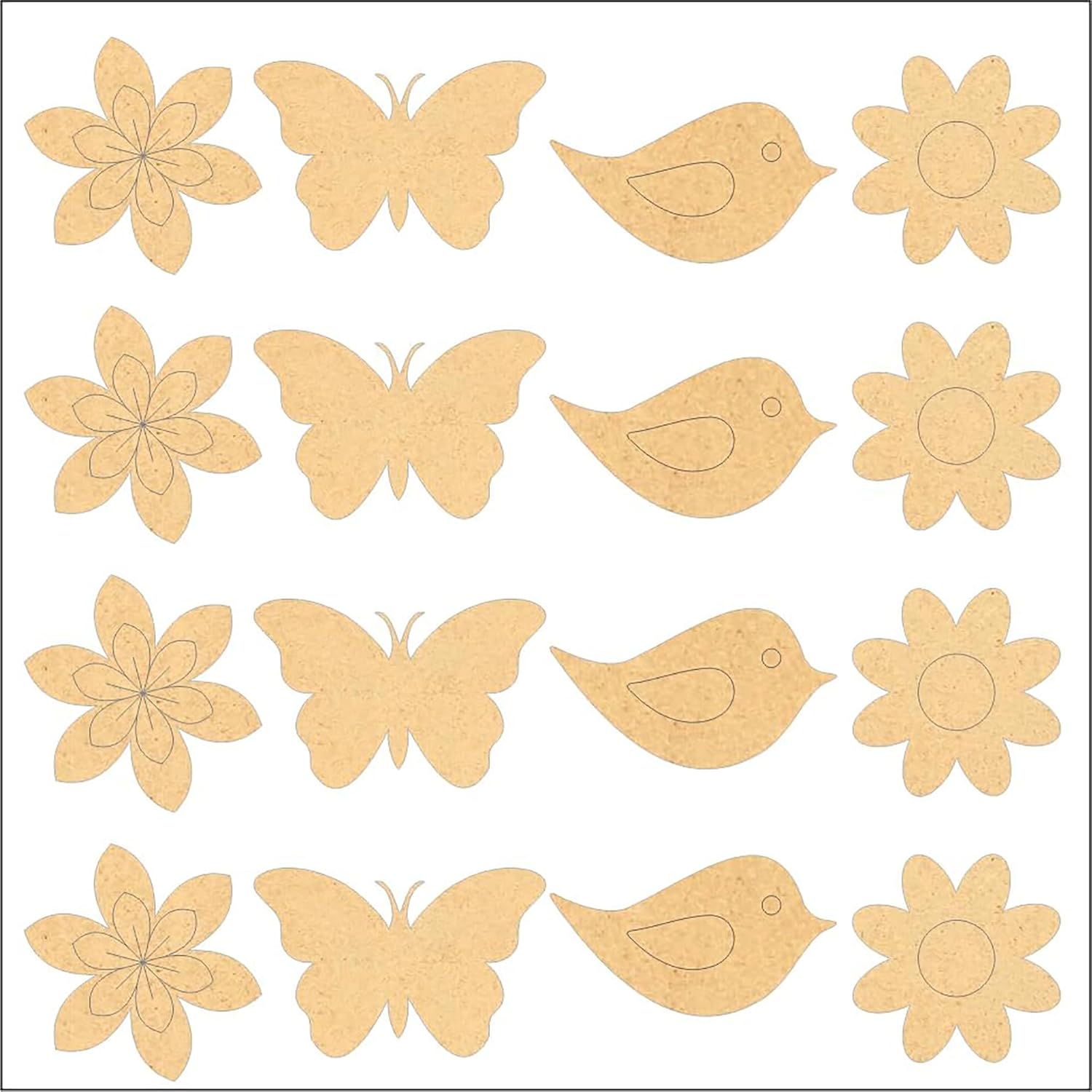 Set of wooden cutouts shaped like butterflies, birds, and flowers on a white background